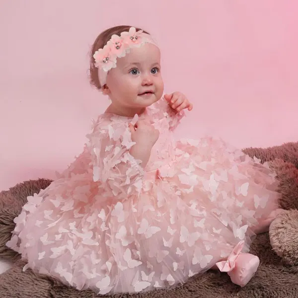 【0M-3Y】2-piece Baby Girl Cute Butterfly Embroidery Mesh Dress With Flower Hairband - Popopieshop.com 