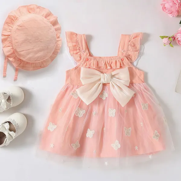 【3M-3Y】2-piece Baby Girl Sweet Butterfly Embroidered Mesh Bow Sleeveless Princess Dress With Hat - Popopieshop.com 