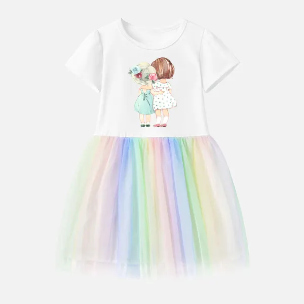 【12M-7Y】Girl Cotton Stain Resistant Cartoon Print Splicing Tulle Short Sleeve Dress - Popopieshop.com 
