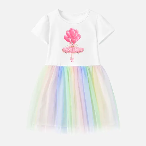 【12M-7Y】Girl Cotton Stain Resistant Cartoon Print Splicing Tulle Short Sleeve Dress - Popopieshop.com 