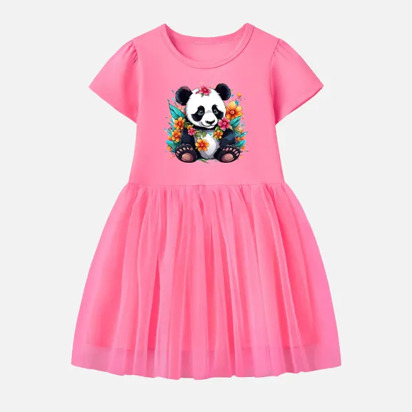 【12M-7Y】Girl Cotton Stain Resistant Panda Print Splicing Tulle Short Sleeve Dress - Popopieshop.com 