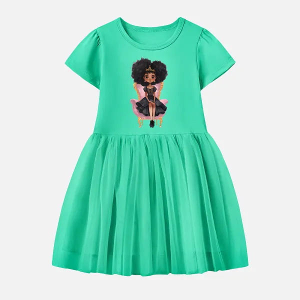 【12M-7Y】Girl Cotton Stain Resistant Cartoon Princess Print Splicing Tulle Short Sleeve Dress - Popopieshop.com 