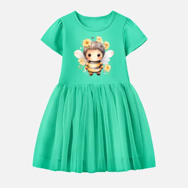 【12M-7Y】Girl Cotton Stain Resistant Bee Print Splicing Tulle Short Sleeve Dress - Popopieshop.com 