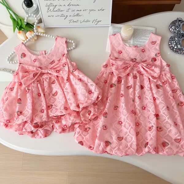【18M-8Y】Sisters Fashion Floral And Peach Print Pink Bow Lace Dress And Sweetheart Sleeveless Top And Shorts Set - 34696 - Popopieshop.com 