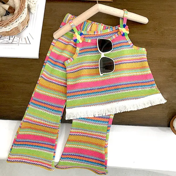 【18M-8Y】2-piece Girl Sweet And Fashion Colorful Striped Suspender Top And Flare Pants Set - Popopieshop.com 