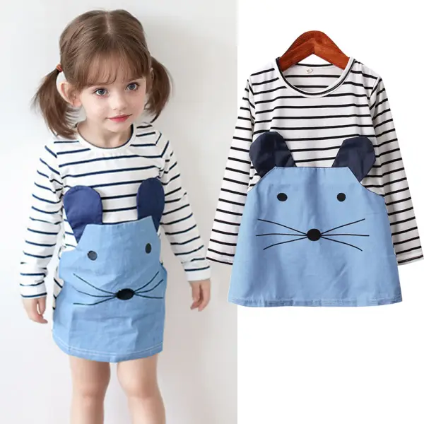 【18M-6Y】Girls Striped Denim Cartoon Embroidered Long Sleeve Dress - Popopieshop.com 