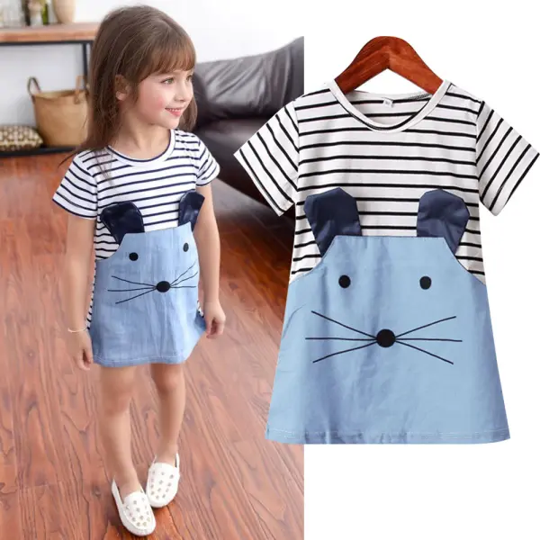 【18M-6Y】Girls Striped Denim Cartoon Embroidered Short Sleeve Dress - Popopieshop.com 