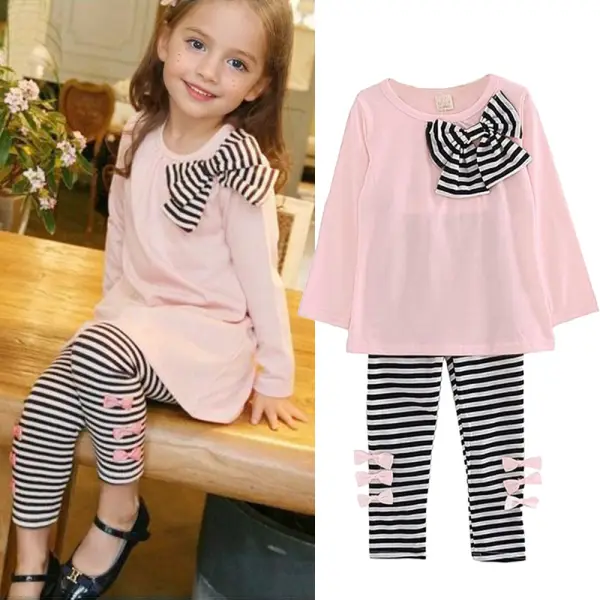 【2Y-8Y】2-piece Girls Bow Tie Long Sleeve T-shirt And Striped Leggings Set - Popreal.com 