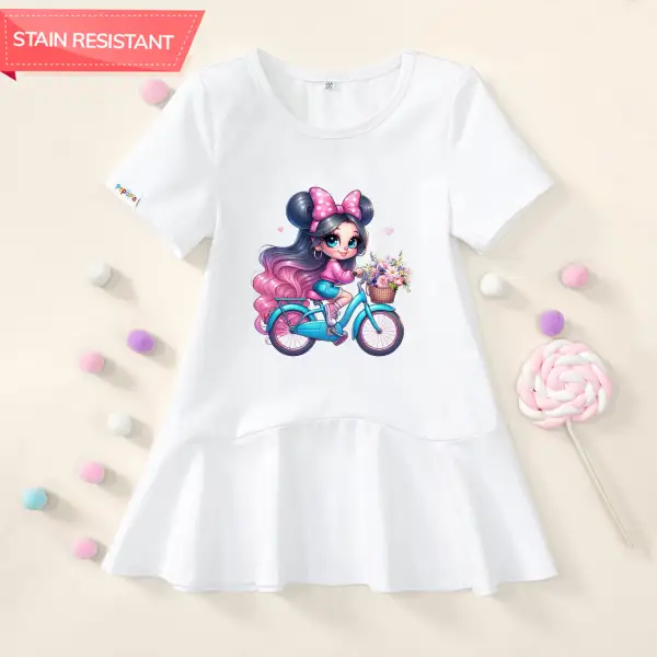 【18M-9Y】Girl Stain Resistant Cartoon Print Short-sleeved Dress - Popopieshop.com 