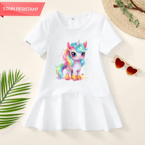 【18M-9Y】Girl Stain Resistant Unicorn Print Short-sleeved Dress - Popopieshop.com 