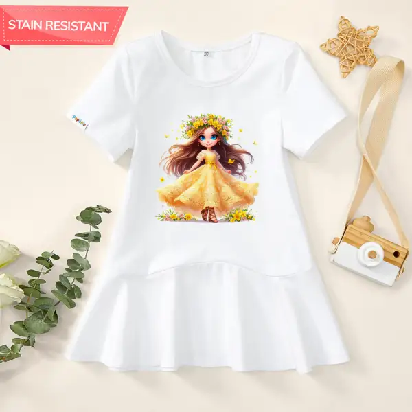 【18M-9Y】Girl Stain Resistant Beautiful Princess Print Short-sleeved Dress - Popopieshop.com 