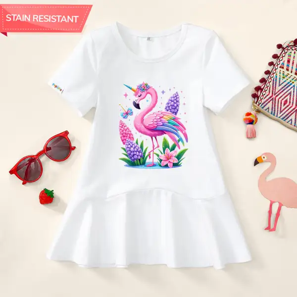 【18M-9Y】Girl Stain Resistant Flamingo Print Short-sleeved Dress - Popopieshop.com 