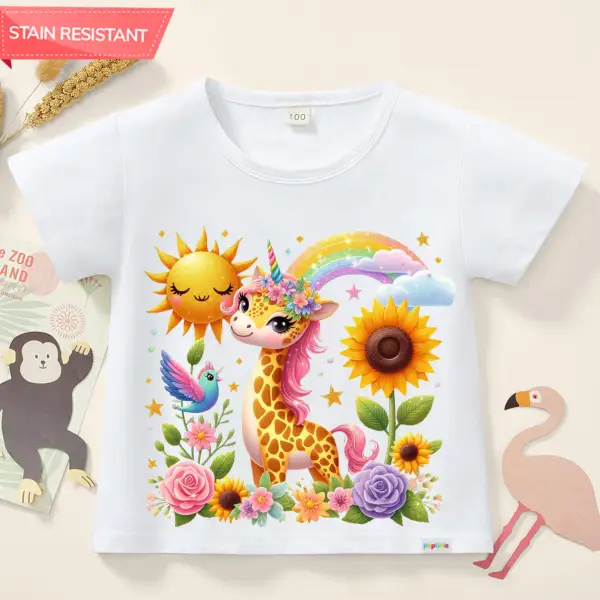 【12M-9Y】Girl Cotton Stain Resistant Cartoon Unicorn Print Short Sleeve T-shirt - Popopieshop.com 