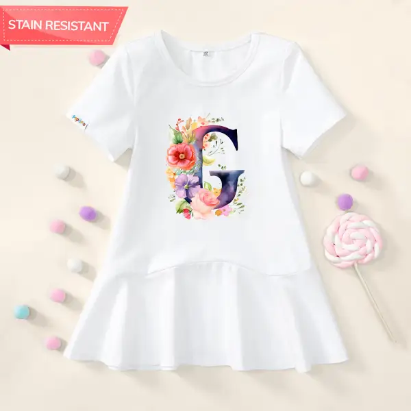 【18M-9Y】Girl Stain Resistant Floral Letters Print Short-sleeved Dress - Popopieshop.com 