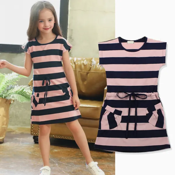 【3Y-12Y】Girls Casual Cotton Striped Sleeveless Dress - 33490 - Popopieshop.com 