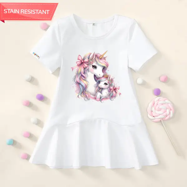 【18M-9Y】Girl Stain Resistant Unicorn Print Short-sleeved Dress - Popopieshop.com 