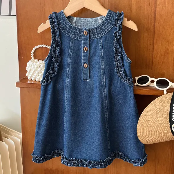 【18M-10Y】Girls Fashion Ruffle Design Blue Sleeveless Denim Dress - 33495 - Popopieshop.com 