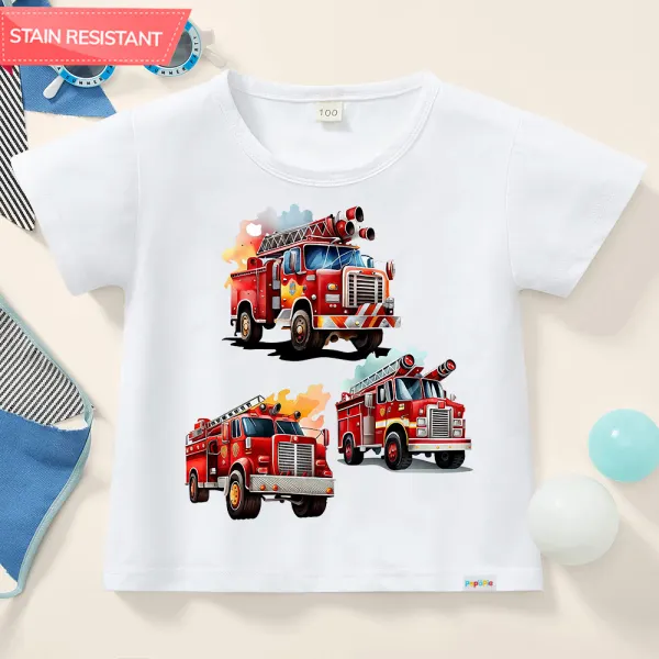 【12M-9Y】Boys Casual Red Fire Truck Fire Engine Print Cotton Stain Resistant Short Sleeve T-shirt - Popopieshop.com 
