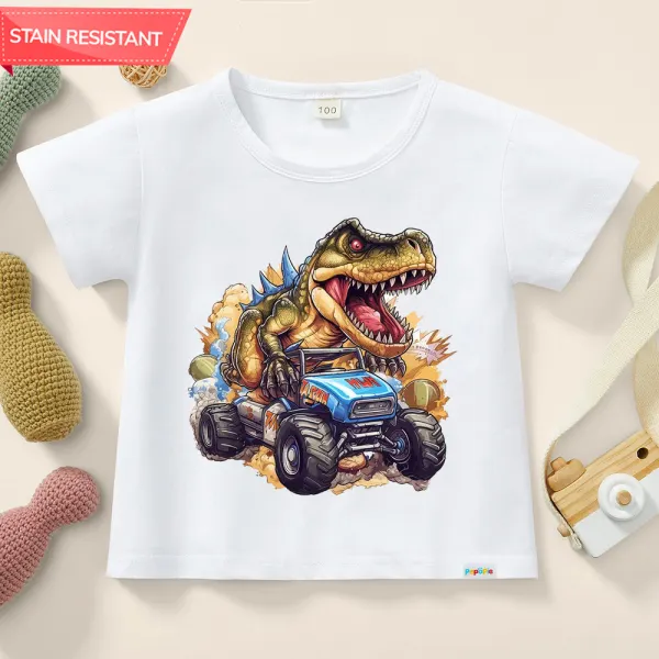 【12M-9Y】Boys Casual Dinosaur And Car Print Cotton Stain Resistant Short Sleeve T-shirt - Popopieshop.com 
