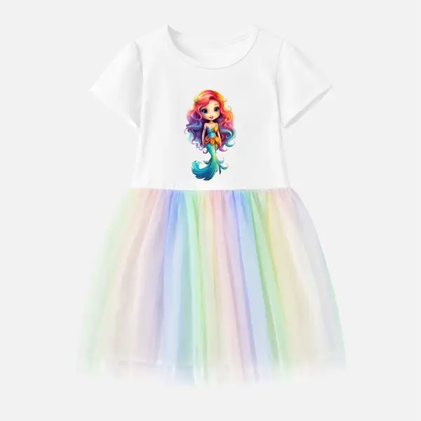 【12M-7Y】Girl Cotton Stain Resistant Mermaid Print Splicing Tulle Short Sleeve Dress - Popopieshop.com 