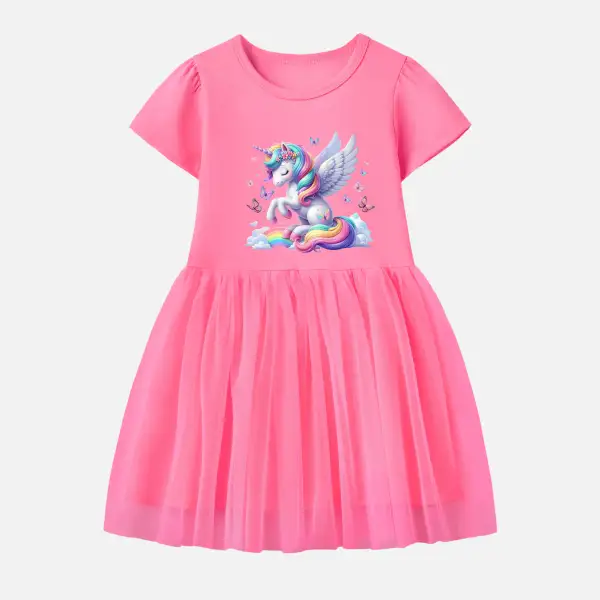 【12M-7Y】Girl Cotton Stain Resistant Unicorn Print Splicing Tulle Short Sleeve Dress - Popopieshop.com 