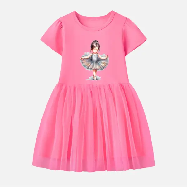 【12M-7Y】Girl Cotton Stain Resistant Ballerina Girl Print Splicing Tulle Short Sleeve Dress - Popopieshop.com 