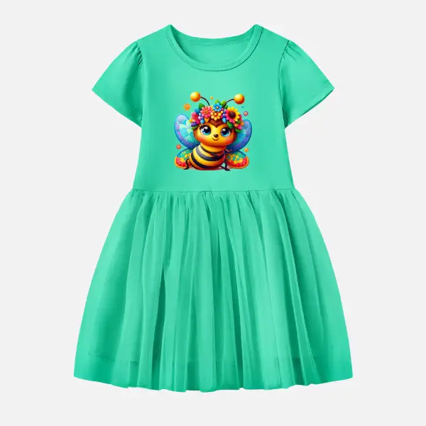 【12M-7Y】Girl Cotton Stain Resistant Little Bee Print Splicing Tulle Short Sleeve Dress - Popopieshop.com 