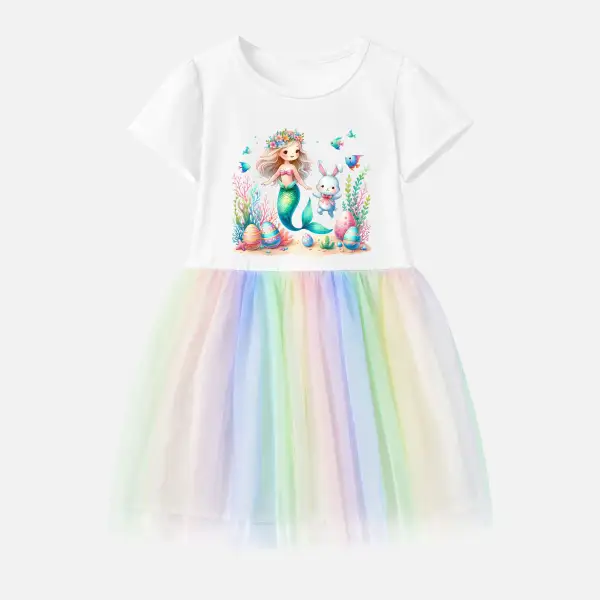 【12M-7Y】Girl Cotton Stain Resistant Mermaid Print Splicing Tulle Short Sleeve Dress - Popopieshop.com 