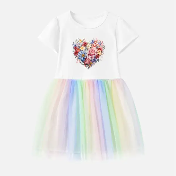 【12M-7Y】Girl Cotton Stain Resistant Heart Shaped Floral Print Splicing Tulle Short Sleeve Dress - Popopieshop.com 