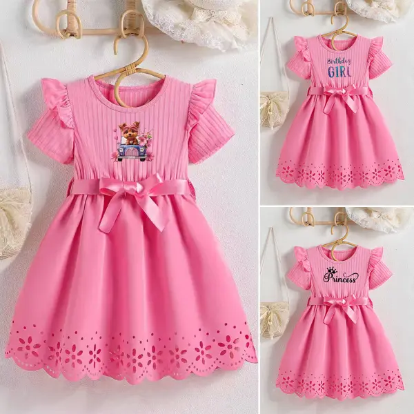 【2Y-8Y】Girls Rose Cartoon Letter Print Short Sleeve Dress - 33477 - Popopieshop.com 