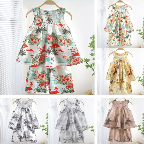 【2Y-6Y】2-piece Girls Stylish Floral And Animal Print Hanging Neck Top And Shorts Set - Popopieshop.com 
