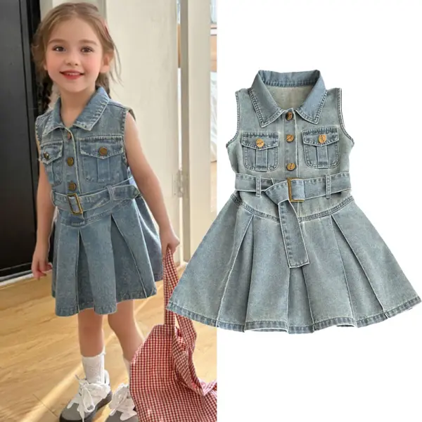 【18M-8Y】Girls Blue Denim Lapel Sleeveless Dress - 33424 - Popopieshop.com 