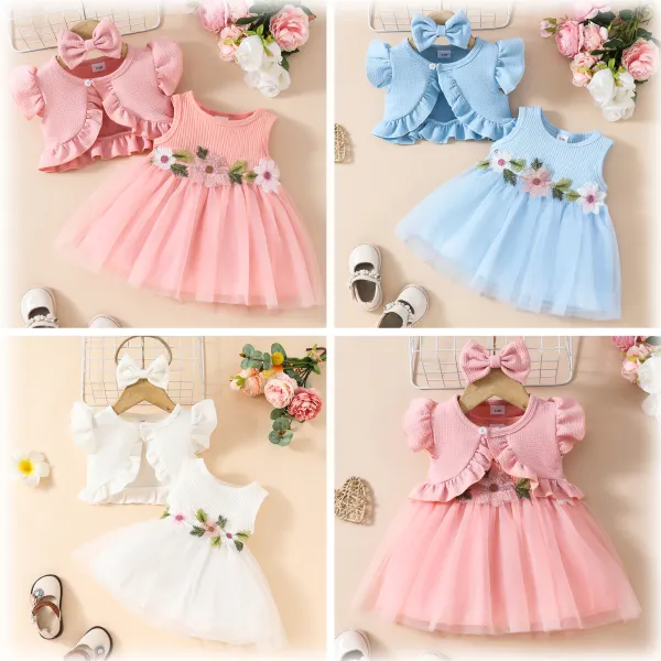 【3M-3Y】3-piece Baby Girl Fashion Floral Embroidered Mesh Dress And Ruffle Cardigan Set With Bow Hairband - Popopieshop.com 