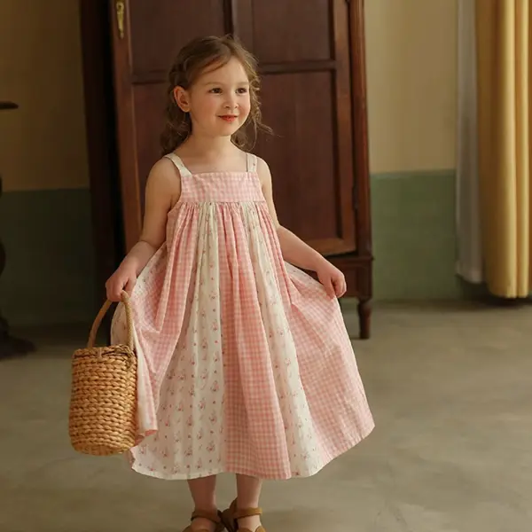 【18M-8Y】Girls Resort Style Plaid Floral Print Suspender Dress - Popopieshop.com 