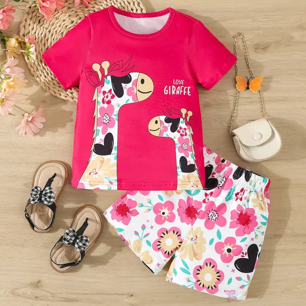 【3Y-7Y】2-piece Girls Cute Giraffe And Floral Print Short Sleeve T-shirt And Shorts Set - Popopieshop.com 