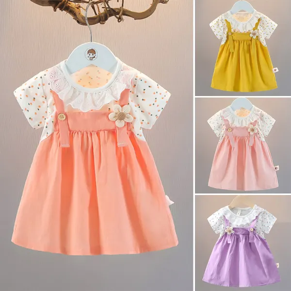【9M-3Y】Baby Girl Floral Fake Two Piece Short Sleeve Dress - Popopieshop.com 