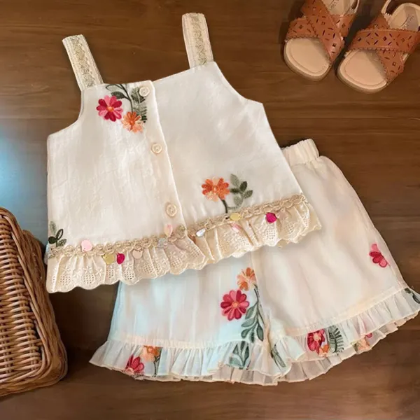 【18M-8Y】2-piece Girls Stylish Floral Embroidered Ruffle Cami Top And Shorts Set - Popopieshop.com 