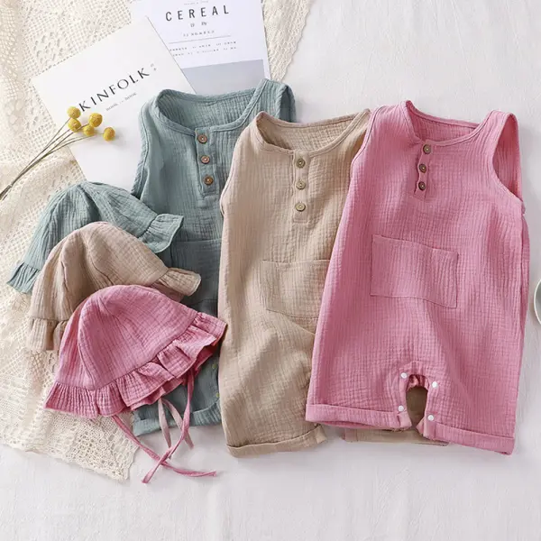 【3M-3Y】2-piece Baby Girl Casual Cotton And Linen Breathable Solid Color Sleeveless Jumpsuit With Hat - Popopieshop.com 