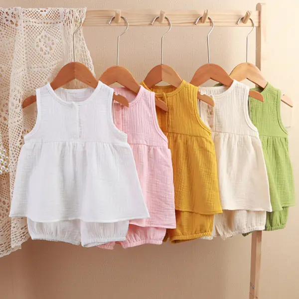 【12M-5Y】2-piece Girls Casual Cotton And Linen Breathable Solid Color Sleeveless Top And Shorts Set - Popopieshop.com 