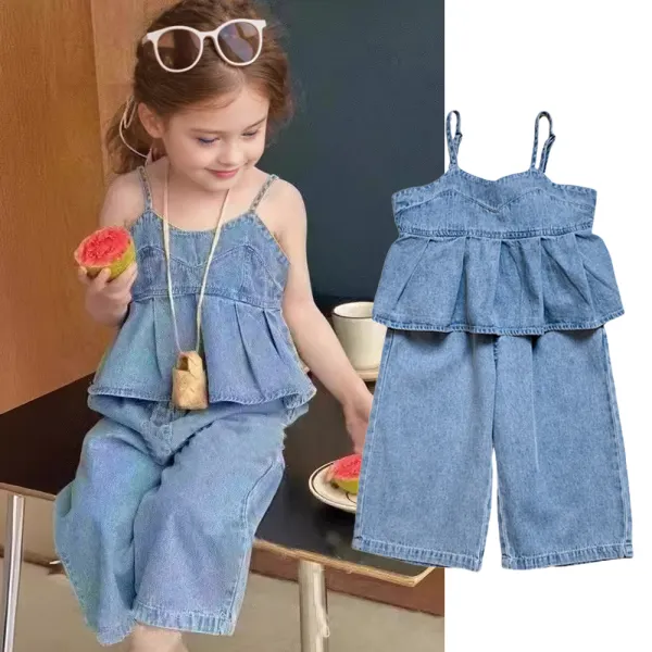 【2Y-8Y】2-piece Girls Fashion Pleated Suspender Top And Wide-leg Pants Denim Suit - 34653 - Popopieshop.com 