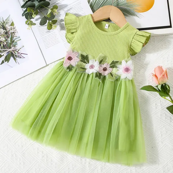【9M-3Y】Baby Girl Sweet And Cute Floral Embroidered Ruffle Sleeve Dress - Popopieshop.com 