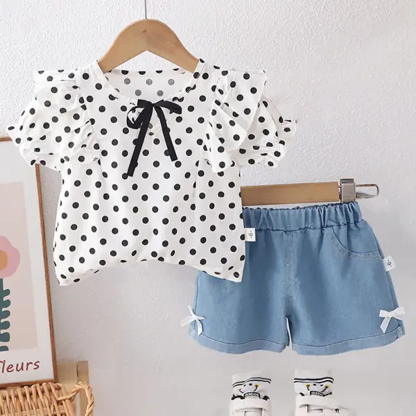 【9M-3Y】2-piece Baby Girl Polka Dot Short Sleeve Shirt And Denim Shorts Set - Popopieshop.com 