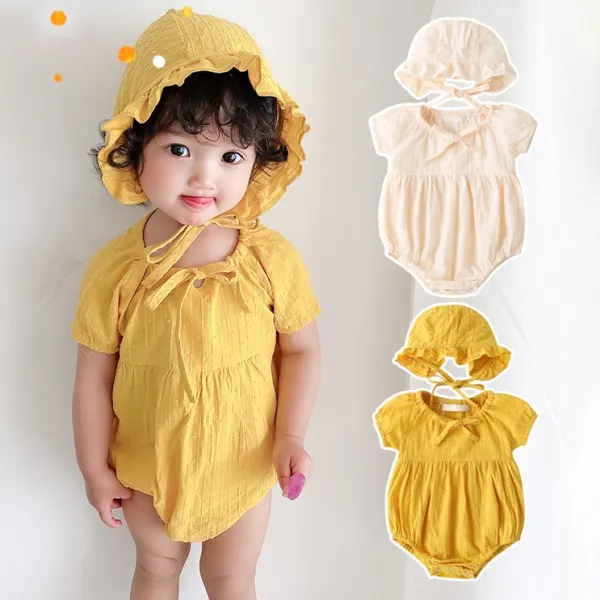 【3M-3Y】2-piece Baby Girls Cute Short Sleeve Romper With Ruffle Hat - Popopieshop.com 