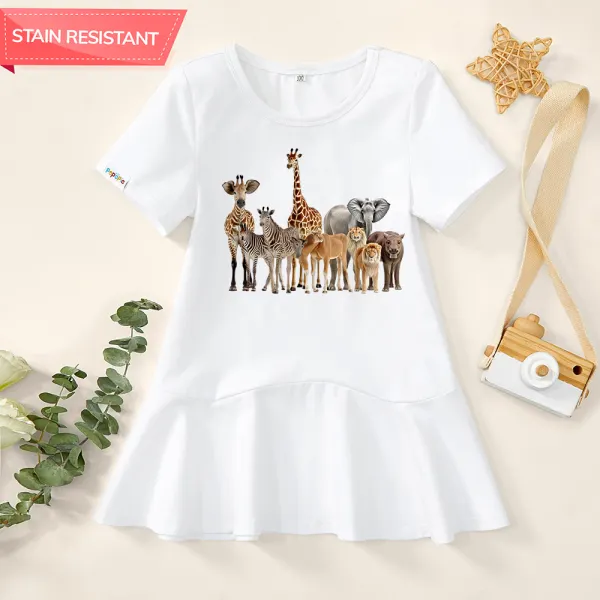 【18M-9Y】Girl Stain Resistant Cotton Animals Print Short-sleeved Dress - Popopieshop.com 