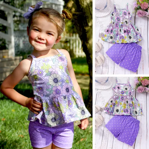 【2Y-7Y】2-piece Girls Sweet Floral Print Suspender Top And Polka Dot Shorts Set - 34721 - Popopieshop.com 