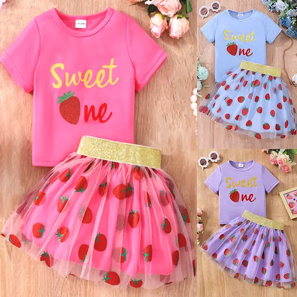 【18M-7Y】Girl Cute Cotton Pink Letter Print Short Sleeve T-shirt And Strawberry Print Mesh Tutu Skirt Set - 34373 - Popopieshop.com 