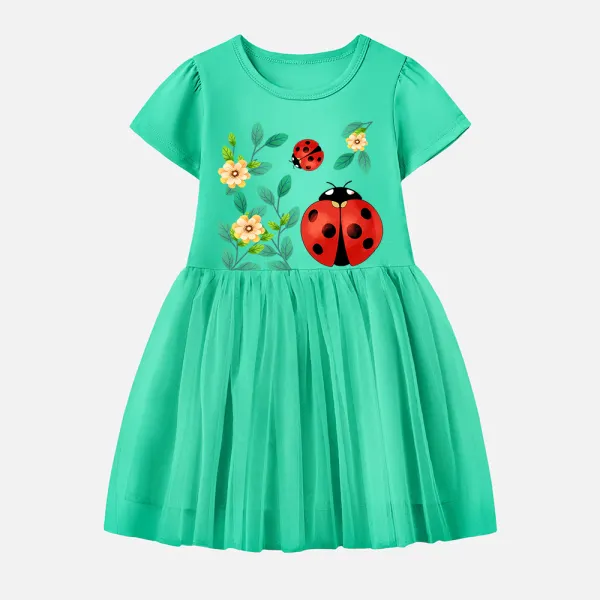 【12M-7Y】Girl Cotton Stain Resistant Ladybug Print Splicing Tulle Short Sleeve Dress - Popopieshop.com 