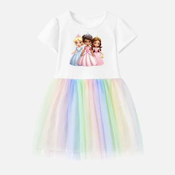 【12M-7Y】Girl Cotton Stain Resistant Cartoon Princess Print Splicing Tulle Short Sleeve Dress - Popopieshop.com 
