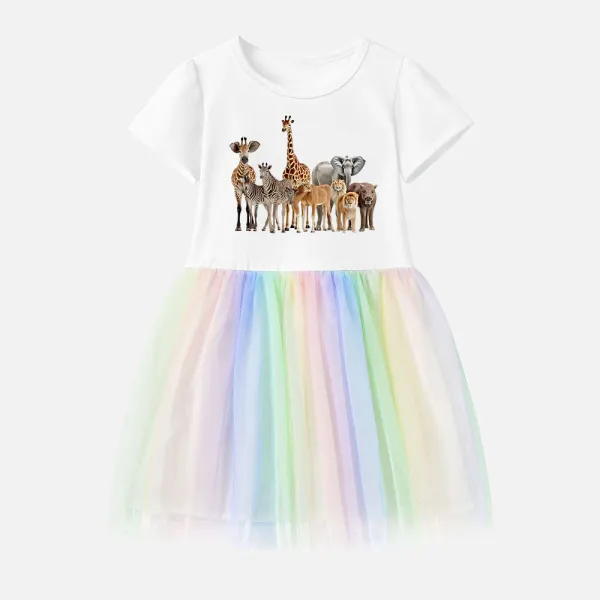 【12M-7Y】Girl Cotton Stain Resistant Animals Print Splicing Tulle Short Sleeve Dress - Popopieshop.com 