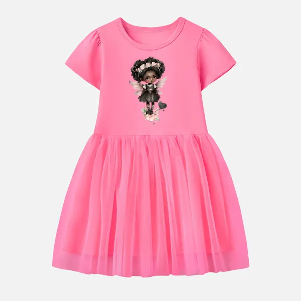 【12M-7Y】Girl Cotton Stain Resistant Cartoon Print Splicing Tulle Short Sleeve Dress - Popopieshop.com 